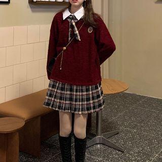 Set: Long-sleeve Mock Two-piece Mini Dress + Tie With Tie - Plaid - Gray & White - One Size