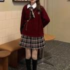 Set: Long-sleeve Mock Two-piece Mini Dress + Tie With Tie - Plaid - Gray & White - One Size