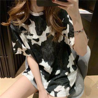 Cow Print Short-sleeve Tunic T-shirt As Shown In Figure - One Size
