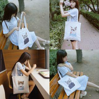 Canvas Cat Print Zipper Tote Bag