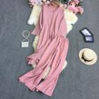 Set: Long-sleeve V-neck Shift Dress + Wide Leg Pants