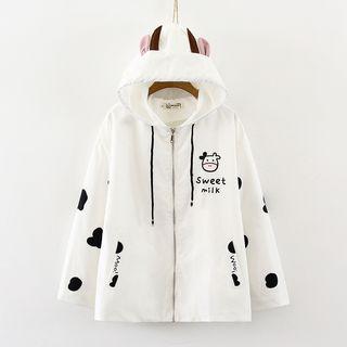 Cow Print Hooded Zip Jacket / Plain Shirt With Tie