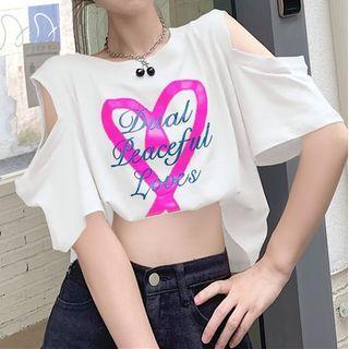 Short-sleeve Print Cold-shoulder Crop Top