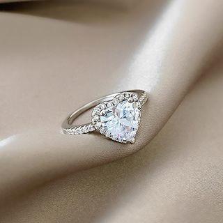 Rhinestone Heart Ring J221 - 1pc - Silver - One Size