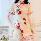 Set: Floral Print Bell-sleeve Slit Mini A-line Qipao + Shorts