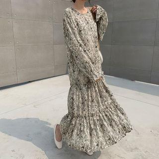 Tiered Floral Chiffon Maxi Dress Light Beige - One Size