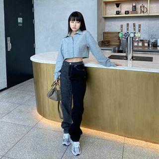 High Waist Color-block Wide Leg Jeans