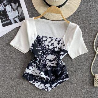 Short Sleeve Print Panel Knit Top
