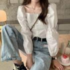 Square Collar Puff-sleeve Cropped Top