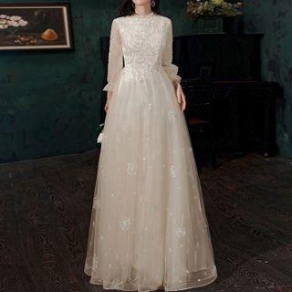 Long-sleeve Sequined A-line Gown