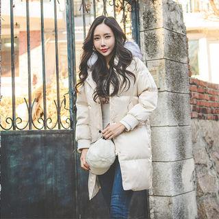 Faux-fur Trim Hooded Satin Duck-down Puffer Coat