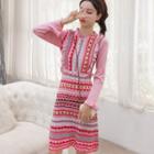 Frilled Trim Pattern Knit Dress Pink - One Size