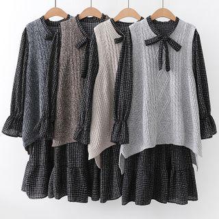Set: Lantern-sleeve Ribbon Neck Plaid Midi A-line Dress + Cable-knit Sweater Vest