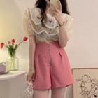 Puff-sleeve Floral Embroidered Layered Blouse / Shorts