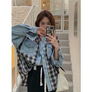 Long-sleeve Plaid Loose-fit Denim Shirt Blue - One Size