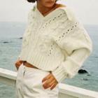 V-neck Cable Knit Sweater White - Free