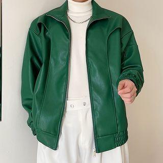 Long-sleeve Faux Leather Plain Jacket