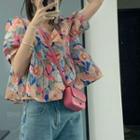 Puff-sleeve Floral Print Blouse Multicolor Print - Pink & Blue & Green - One Size