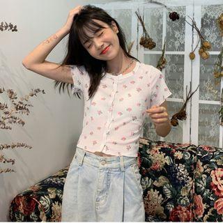 Short-sleeve Floral Button-up Top White - One Size