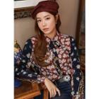 Tie-neck Paneled Floral Blouse Navy Blue - One Size