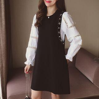 Set: Perforated Long Sleeve Blouse + Embellished Sleeveless Dress