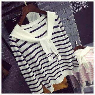 Tie-collar Stripe Mock Two-piece Top
