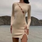 Long-sleeve Button-up Cutout Mini Sheath Dress