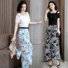 Set: Short-sleeve Cold Shoulder Top + Wide-leg Pants