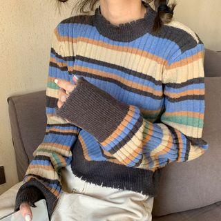 Striped Distressed Sweater As Shown In Figure - One Size