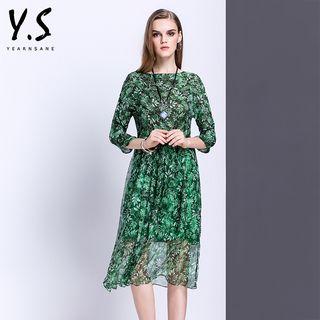 3/4-sleeve Leaf Print A-line Dress