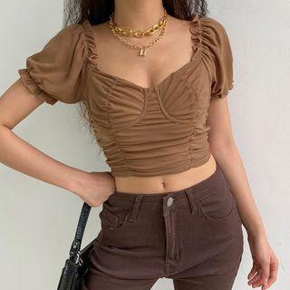 Short Sleeve Square-neck Ruffled-trim Ruched Cropped Top