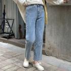 High-waist Frayed Straight Leg Jeans