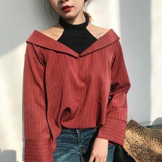 Loose-fit Striped Mock-two Off-shoulder Blouse