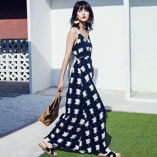 Sleeveless Plaid Open-back Maxi A-line Dress