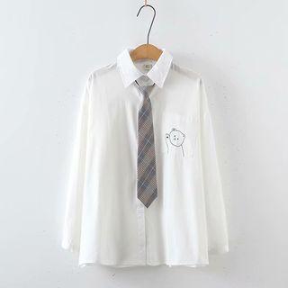 Set: Long-sleeve Bear Print Shirt + Tie White - One Size