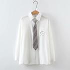 Set: Long-sleeve Bear Print Shirt + Tie White - One Size