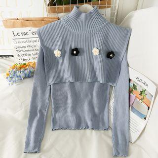 Set: Skinny Knit Top + Flower-accent Mock-neck Knit Cape