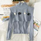 Set: Skinny Knit Top + Flower-accent Mock-neck Knit Cape