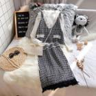 Set: Ribbed Knit Top + Tweed Knit Vest + Midi A-line Skirt