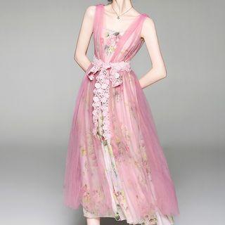 Set: Flower Print Spaghetti-strap Chiffon Dress + Sleeveless Mesh Dress
