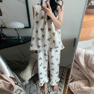 Loungewear Set : Sleeveless Bear Print Top + Pants