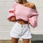 Puff-sleeve Off Shoulder Cropped Knit Top