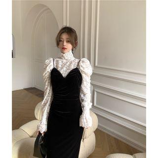 Mock-neck Puff-sleeve Lace Blouse / Velvet Midi Overall Dress