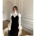 Mock-neck Puff-sleeve Lace Blouse / Velvet Midi Overall Dress