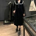 Long-sleeve Peter Pan Collar Velvet Midi Dress Black - One Size
