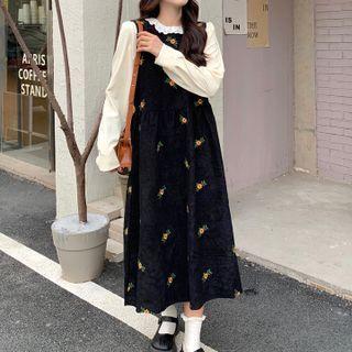Lace Trim Blouse / Floral Embroidered Corduroy Overall Dress