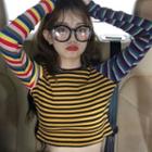 Color-block Striped Long-sleeve T-shirt As Shown In Figure - One Size