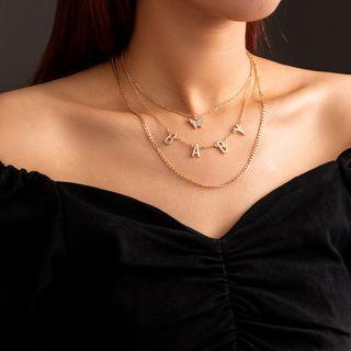 Rhinestone Butterfly Letter Layered Necklace 1 Pc - Nz945 - Rhinestone Butterfly Letter Layered Necklace - Gold - One Size