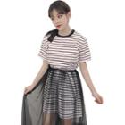 Set: Stripe Short-sleeve T-shirt + Mesh Midi Skirt