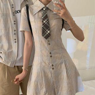 Short-sleeve Plaid Mini Shirtdress / Tie / Set